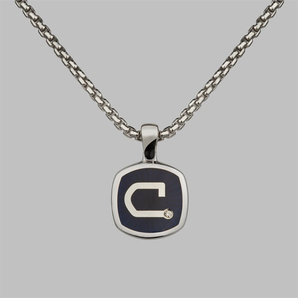 Inlaid signet pendant necklace with thames wood, a diamond set on it and the letter C in the centre.